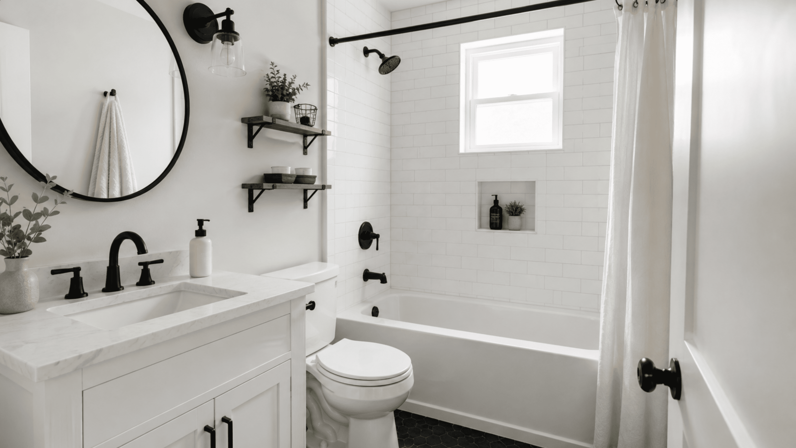 small bathroom with black and white color palette, white vanity, black fixtures, crisp tile, round mirror, clean contrast, modern but timeless feel, realistic bathroom photography, no people, no text, no watermark, vertical