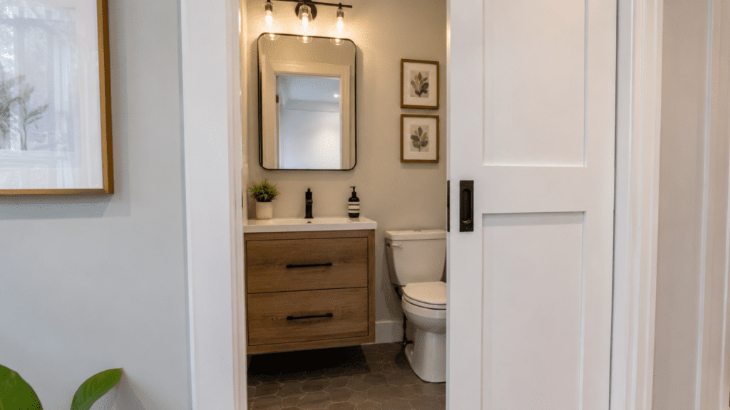 small bathroom with a sliding pocket door partially open, view into a compact vanity and mirror area, smart layout, extra floor space, clean modern finishes, realistic small bathroom remodel photography, no people, no text, no watermark, vertical