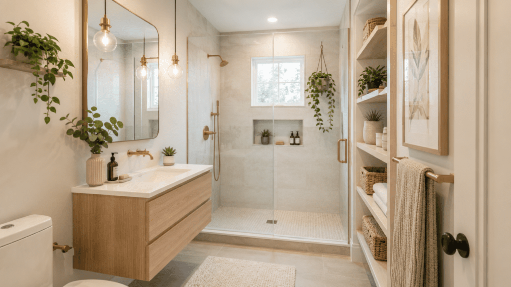 small bathroom remodel with a mix of smart space-saving ideas, floating vanity, large mirror, sleek walk-in glass shower, tall shelves, soft light neutral colors, stylish lighting, a few green plants, wall niche storage, gold accents, clean modern finishes, realistic home decor photography, bright and airy, practical and budget-friendly feel, polished but lived-in, no people, no text, no watermark,
