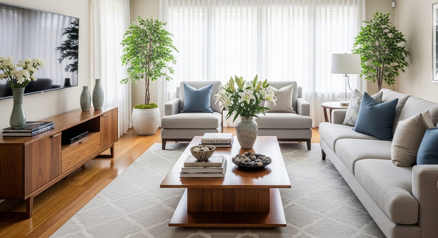 A well-arranged living room with a sofa, two armchairs, coffee table, media console, and decorative plants in a bright, spacious space.