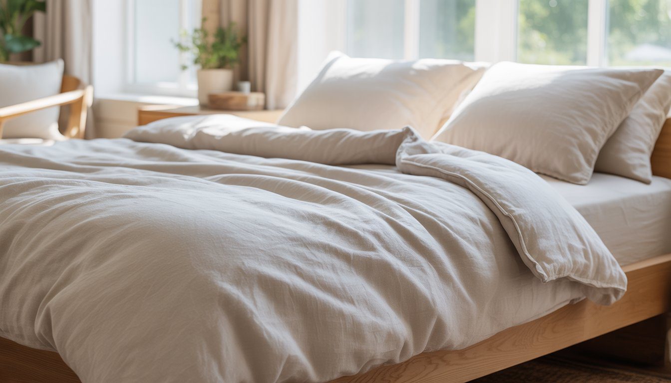 A sunlit bedroom with a bed made of light-colored linen bedding, a small plant on the bedside table, and sheer curtains blowing gently in the breeze.