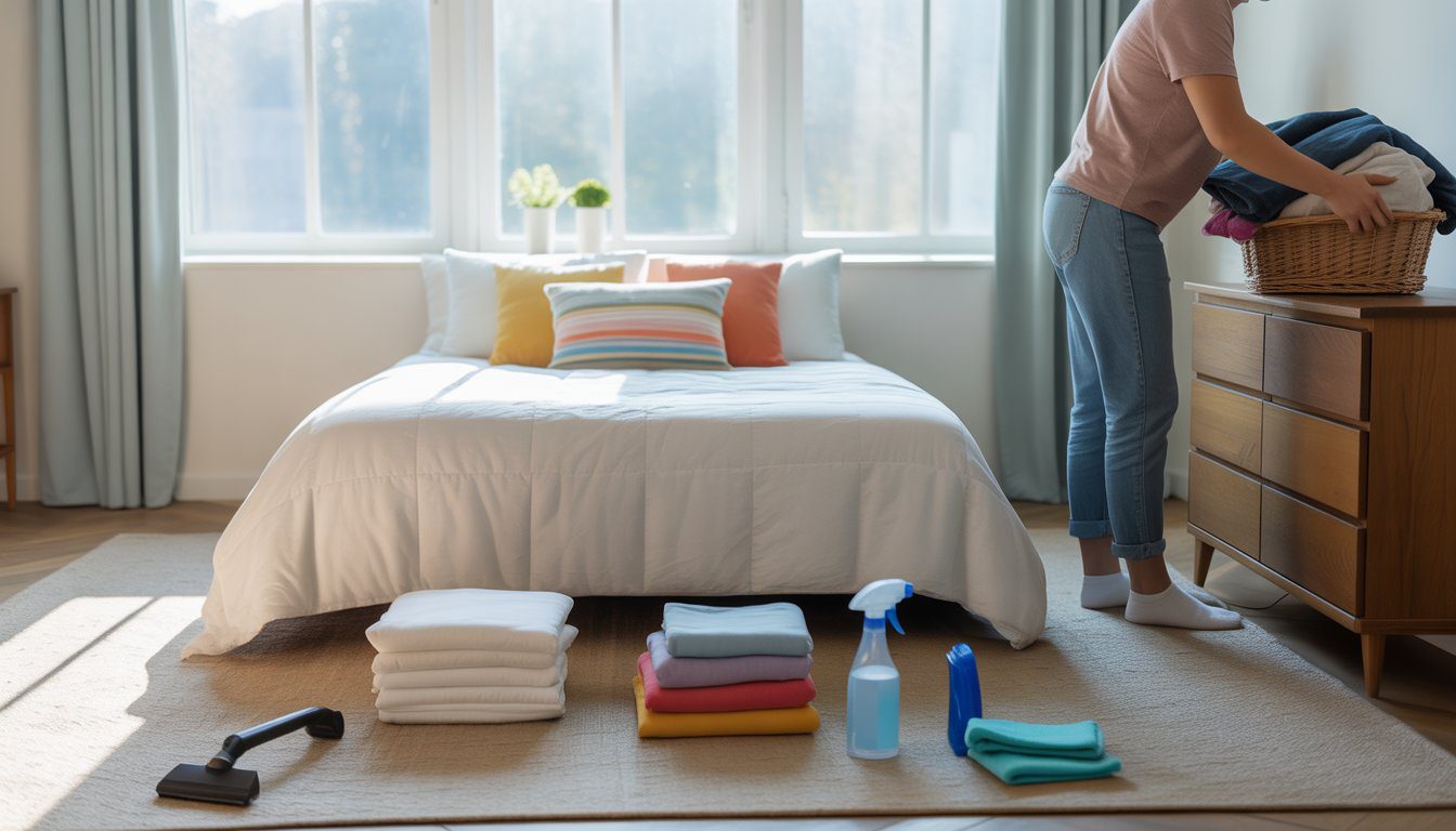 A person organizing a clean and bright bedroom with a made bed, folded clothes, and cleaning supplies visible.