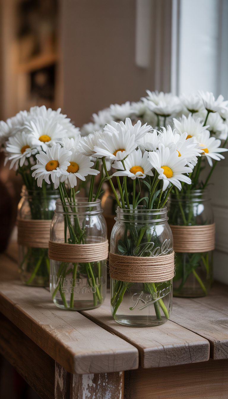 Mason jars wrapped in twine filled with white daisies on a wooden table.