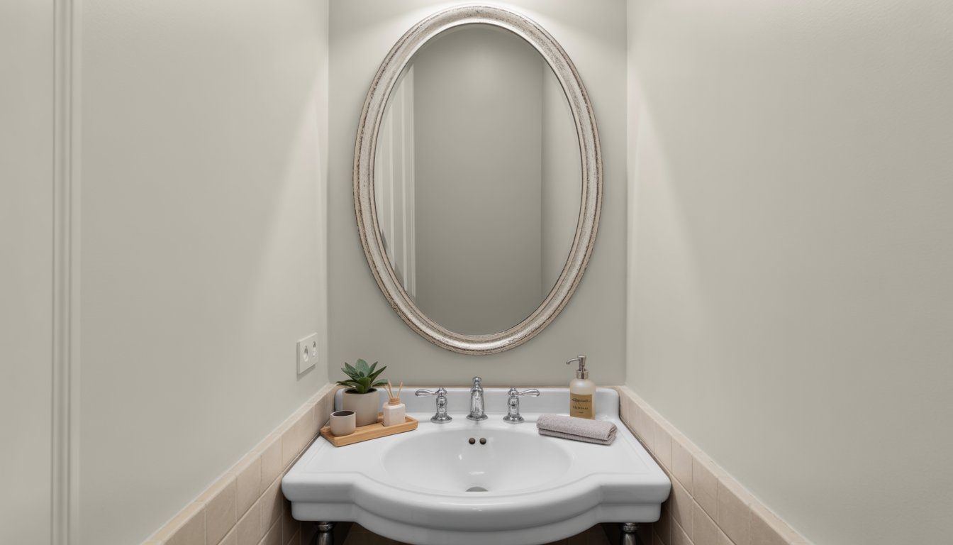 Small bathroom with an oversized oval mirror above a sink, bright and neatly arranged.