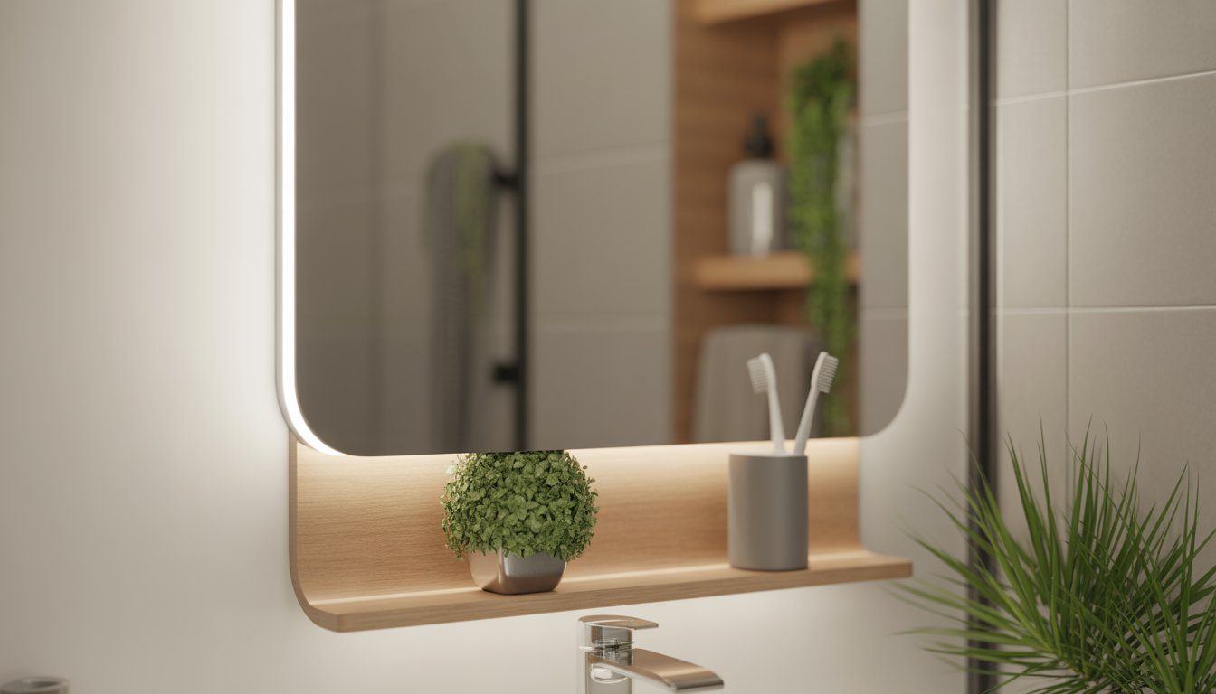 A small bathroom with a rectangular mirror that has a built-in shelf holding a toothbrush and a small potted plant.