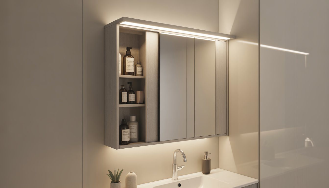 Small bathroom with a sliding mirror cabinet partially open, showing toiletries inside and reflecting the sink area.