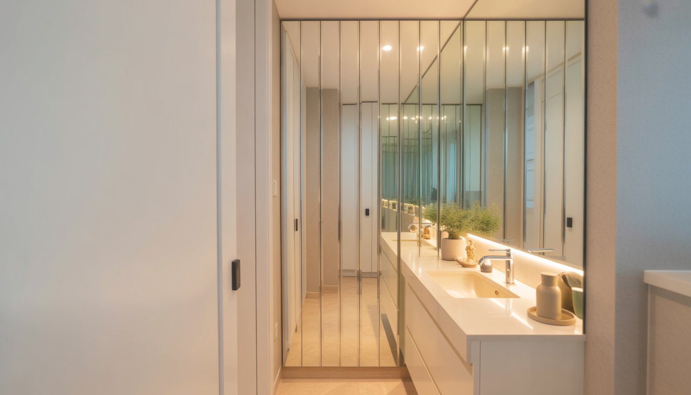 Small bathroom with floor-to-ceiling mirrored panels reflecting light and making the space feel larger and brighter.