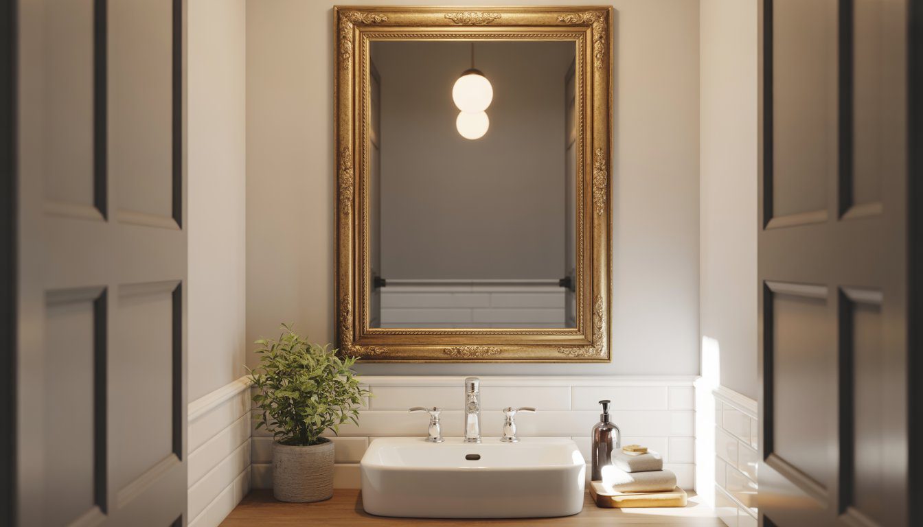 Small bathroom with an antique gold framed mirror above a white sink, decorated with a plant and towels.