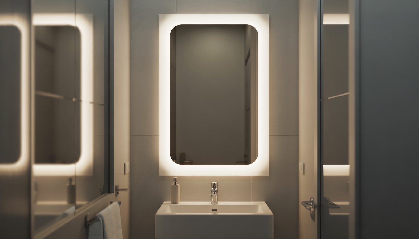 Small bathroom with a frosted edge wall mirror above a white sink and chrome faucet.