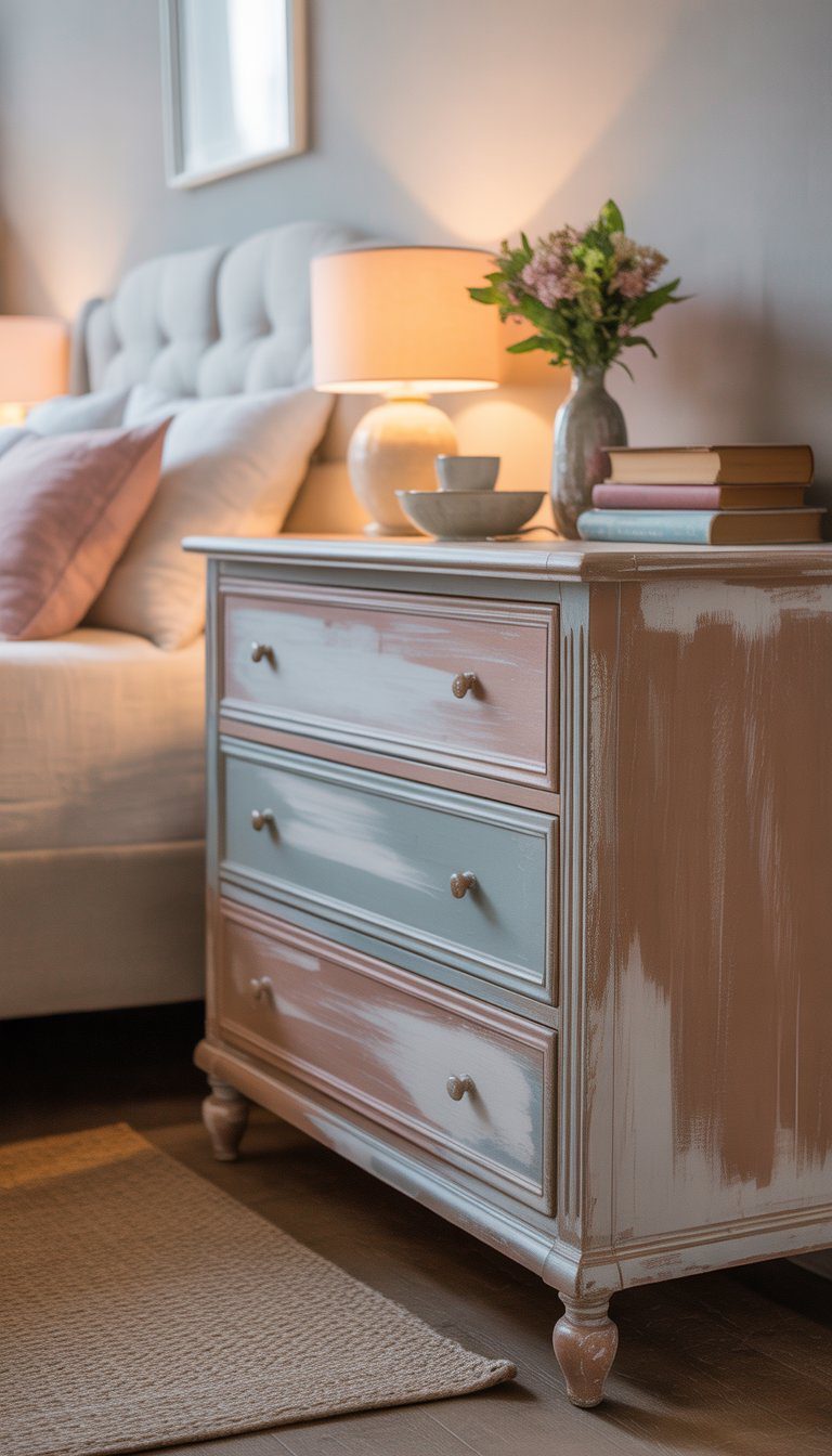 A bedroom with a painted dresser showing worn edges, decorated with flowers, books, and a lamp, next to a neatly made bed.