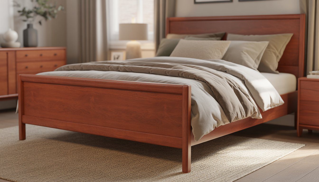 A bedroom with a cherry wood bed frame, neutral bedding, nightstands with lamps, and natural light coming through a window.
