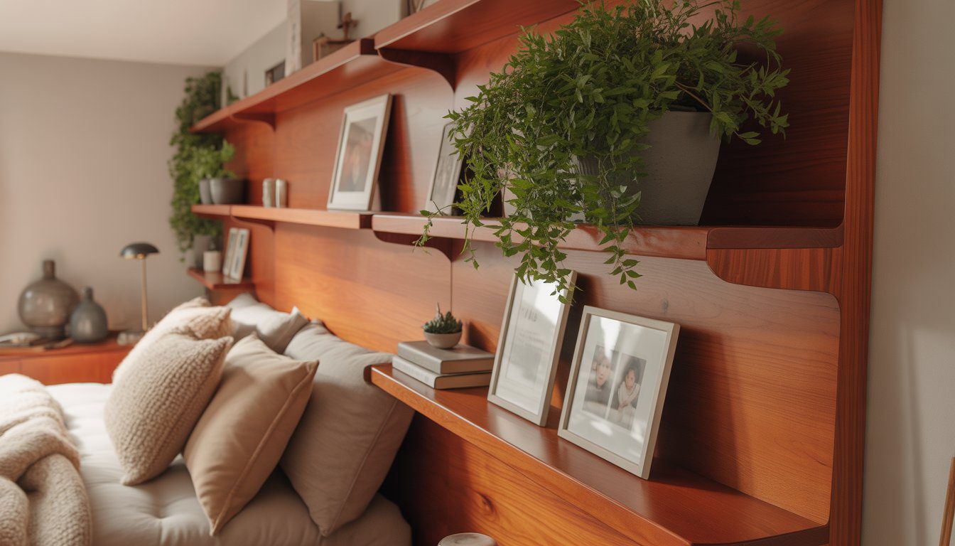 Bedroom with cherry wood wall-mounted shelves displaying photos and plants above a bed.