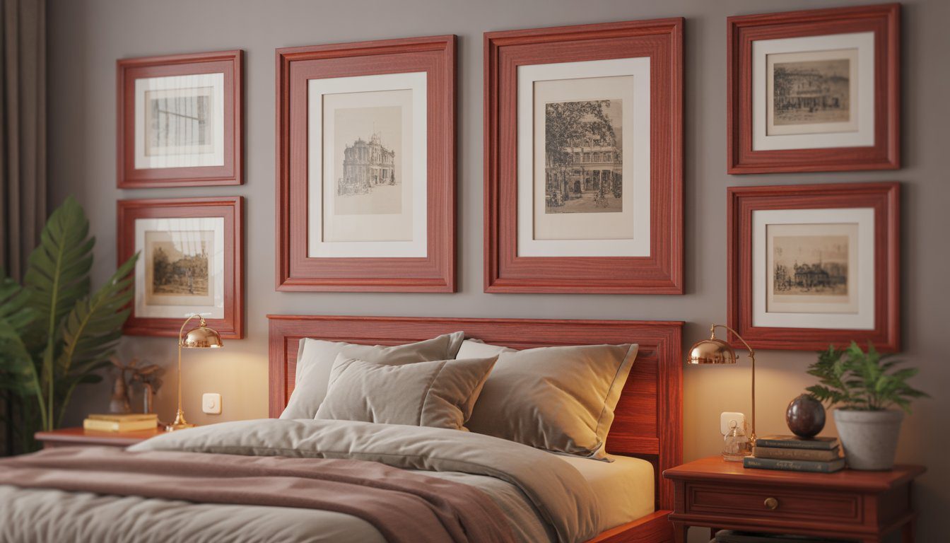 A bedroom with cherry wood picture frames displaying vintage prints on the walls, a bed with neutral linens, and a wooden nightstand with a lamp.