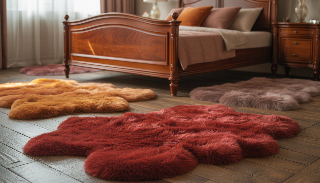A bedroom with cherry wood furniture and warm-toned plush rugs on the floor.