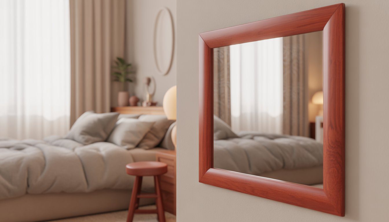 A bedroom with a cherry wood framed mirror and a small cherry wood stool near a bed with neutral linens.