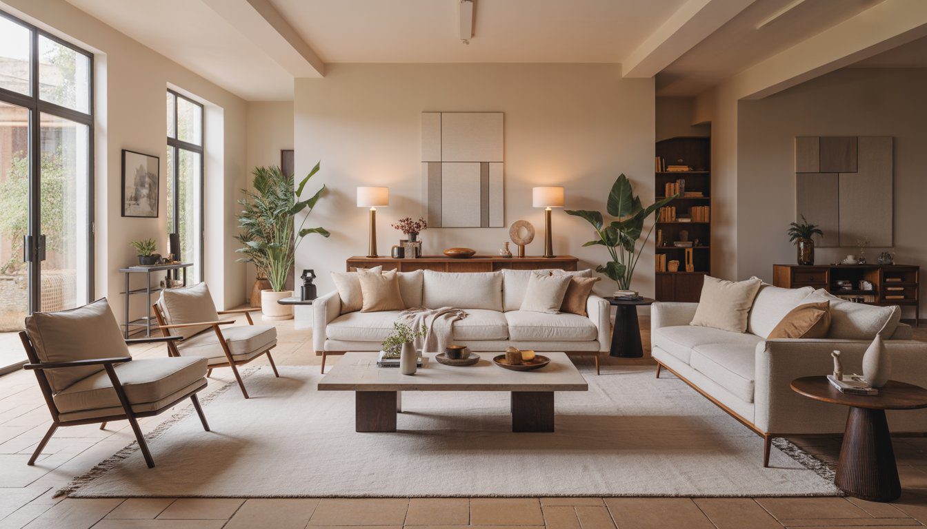 A spacious living room with a sofa, chairs, coffee table, plants, and large windows letting in natural light.