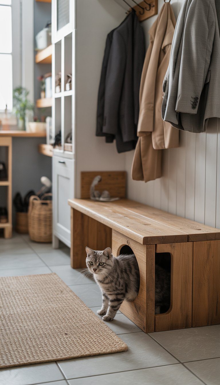 Mudroom with a wooden bench that has a small side entrance for a cat to enter discreetly.