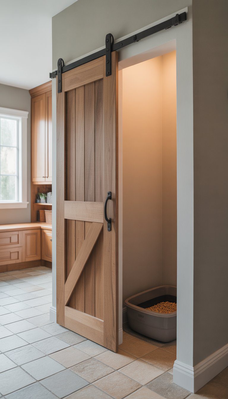 A mudroom with a sliding barn door partially open, revealing a hidden litter box area behind it.
