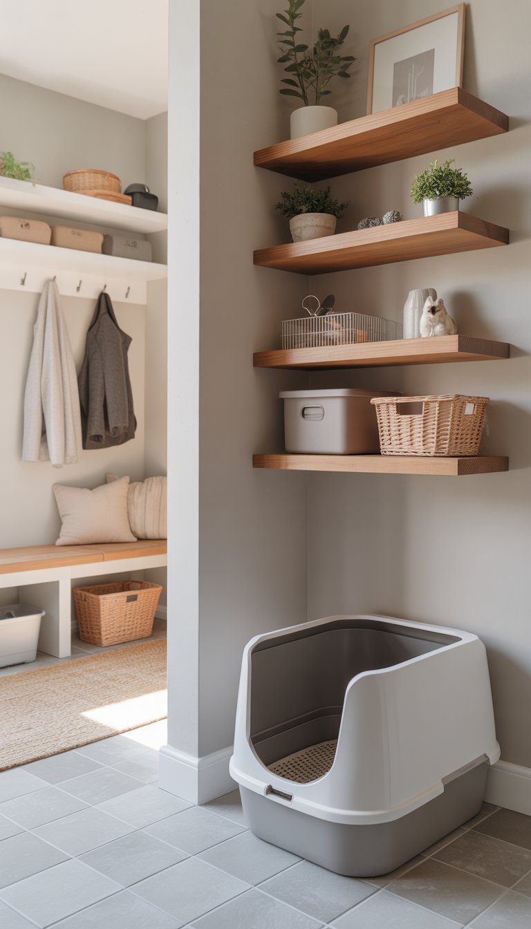 Mudroom with a floating wooden shelf above a modern litter box, decorated with plants and storage baskets.