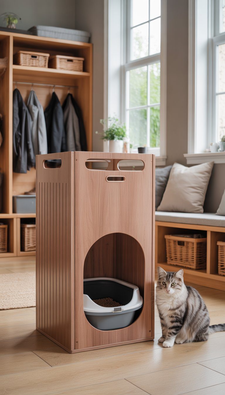 A bright mudroom with a tall wooden laundry hamper featuring a cutout entrance for a cat litter box, with organized shelves and a cat nearby.