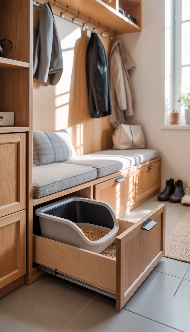 Mudroom with a wooden bench that has a partially open drawer underneath containing a cat litter box.