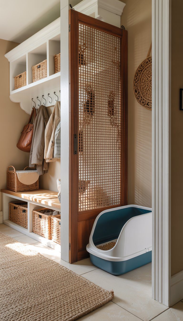 A mudroom corner separated by a decorative wooden screen with a litter box placed behind it, surrounded by coats, bags, and a bench with storage baskets.