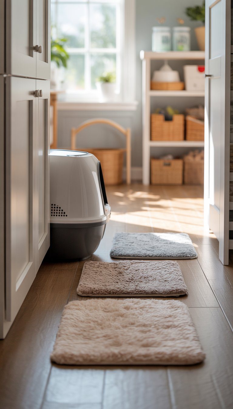 A tidy mudroom with a litter box area and washable rugs placed nearby to catch tracked litter.