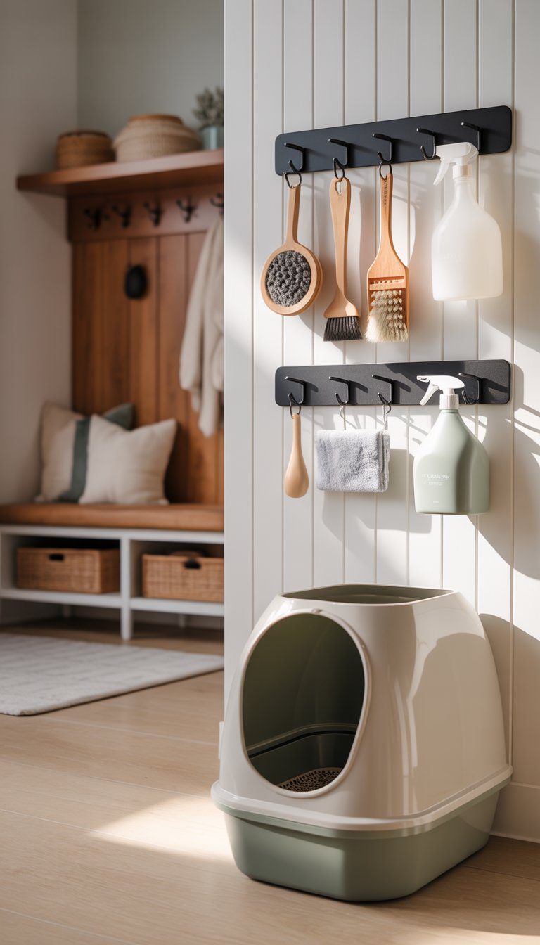 A mudroom with a litter box and wall hooks holding pet cleaning supplies like brushes and spray bottles.