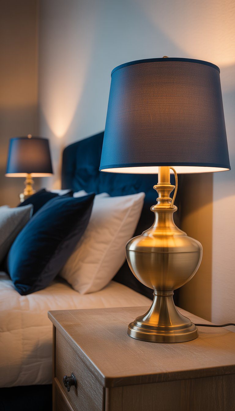 Two brass lamps with navy blue lampshades on a bedside table in a bedroom with soft lighting.
