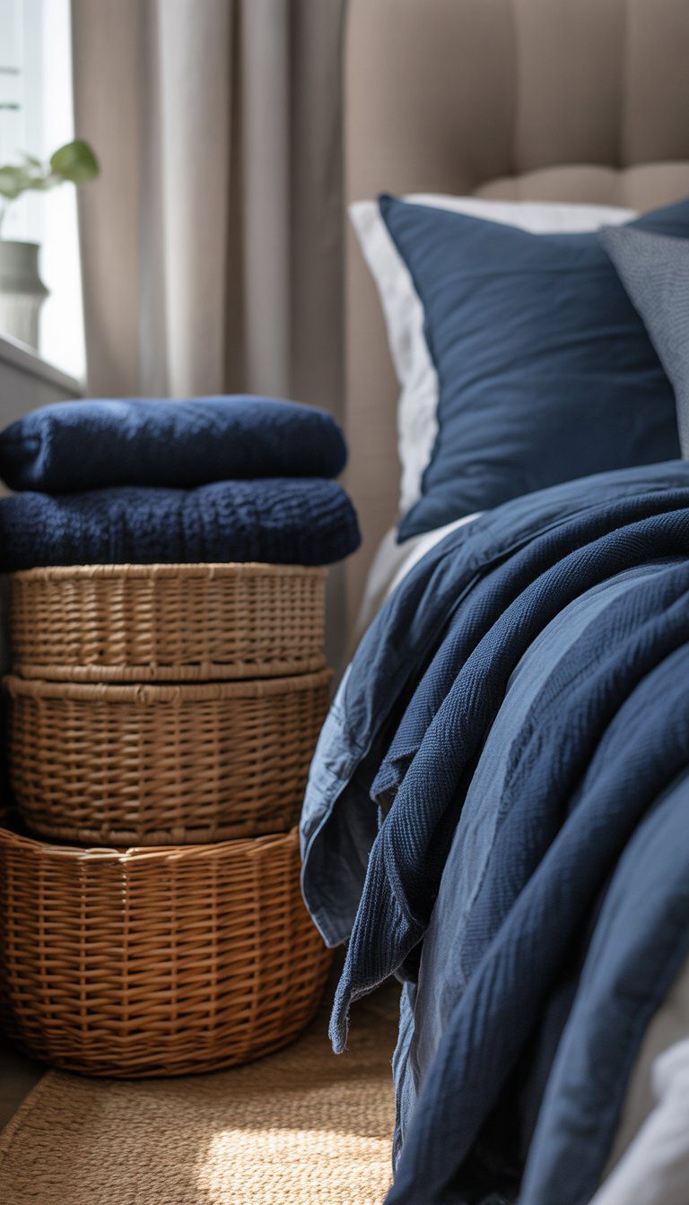 A bedroom corner with woven baskets next to a bed covered in navy blue blankets and pillows.