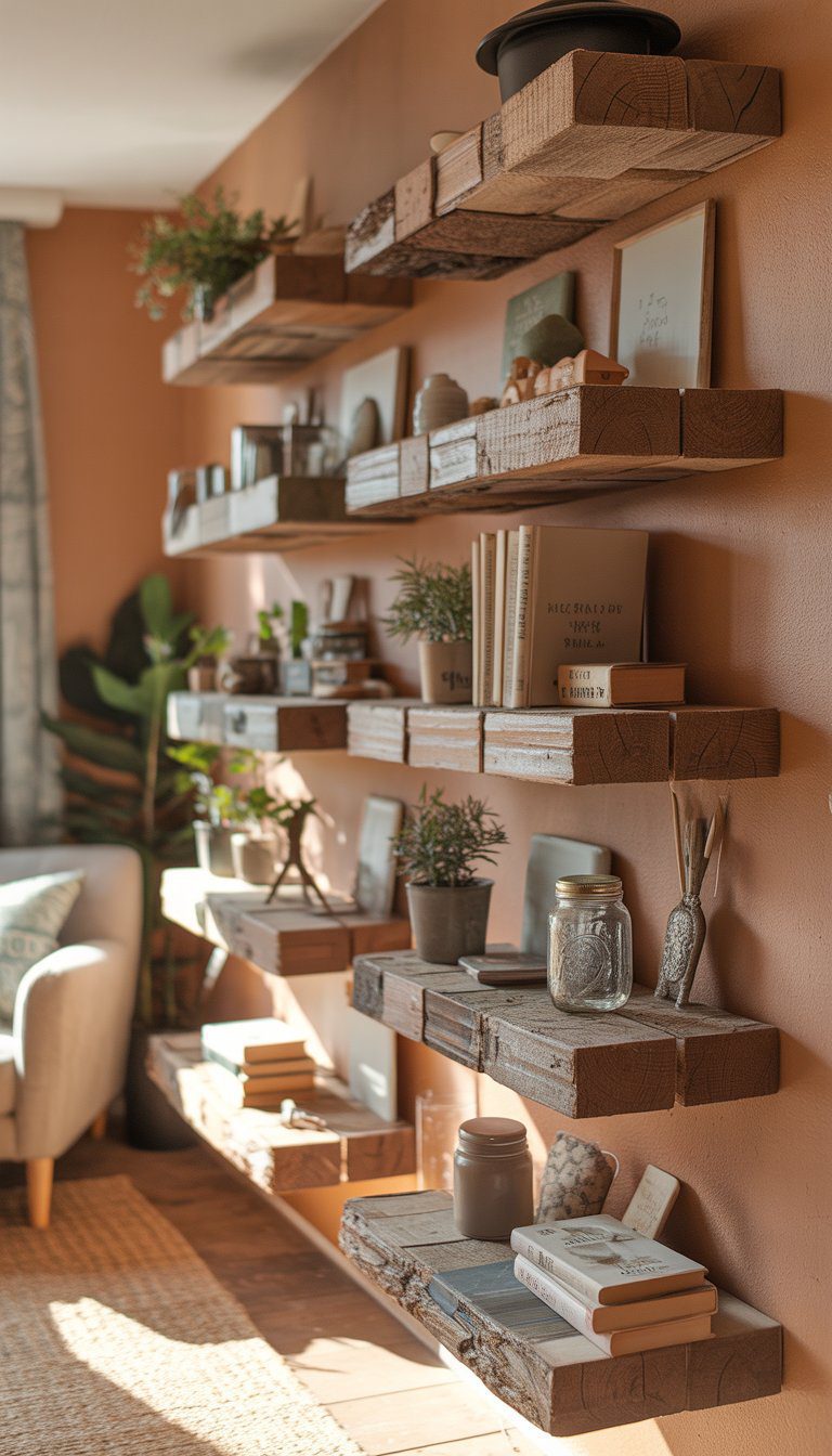 Rustic floating wooden shelves mounted on a wall holding plants, books, and decorative items in a cozy room.