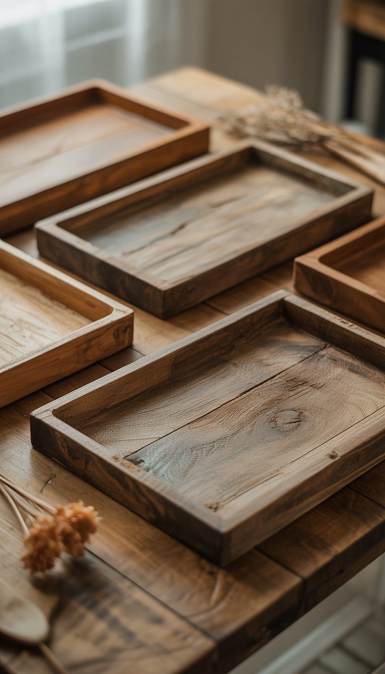 A collection of rustic wooden serving trays displayed on a wooden table with natural lighting.