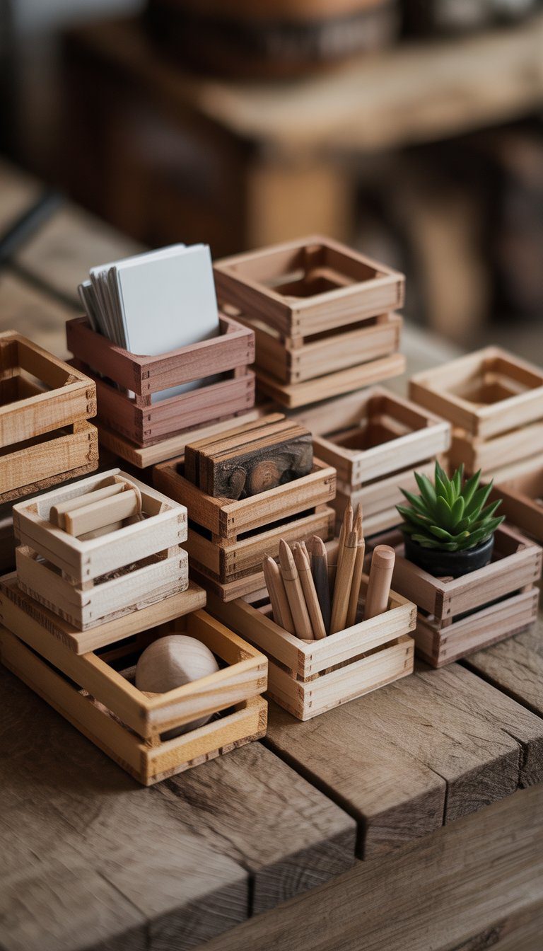 Miniature wooden crates made from scrap wood arranged on a wooden surface, some holding small items.