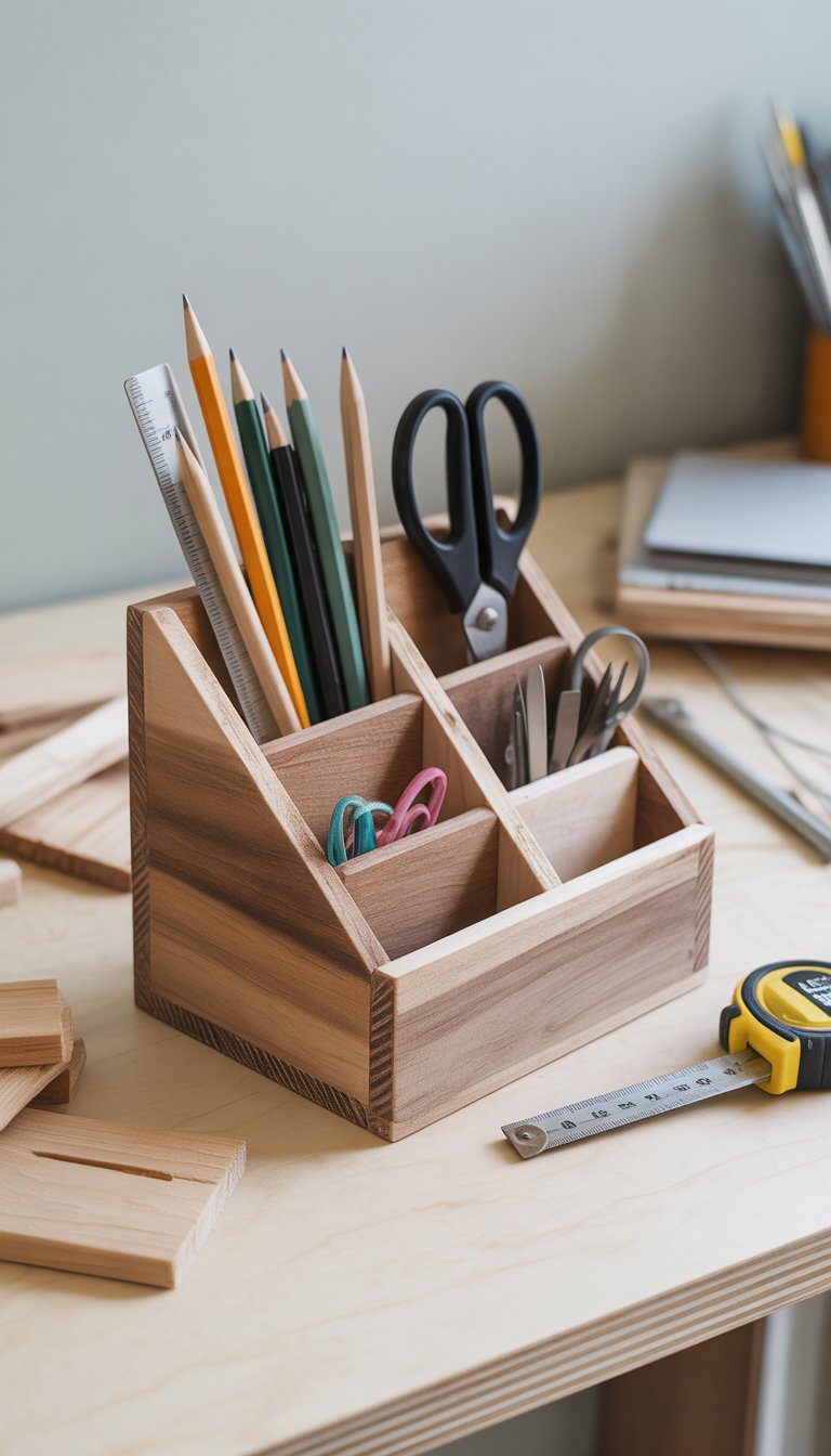 A wooden desk organizer with compartments holding pens and scissors on a desk, surrounded by scrap wood pieces and woodworking tools.