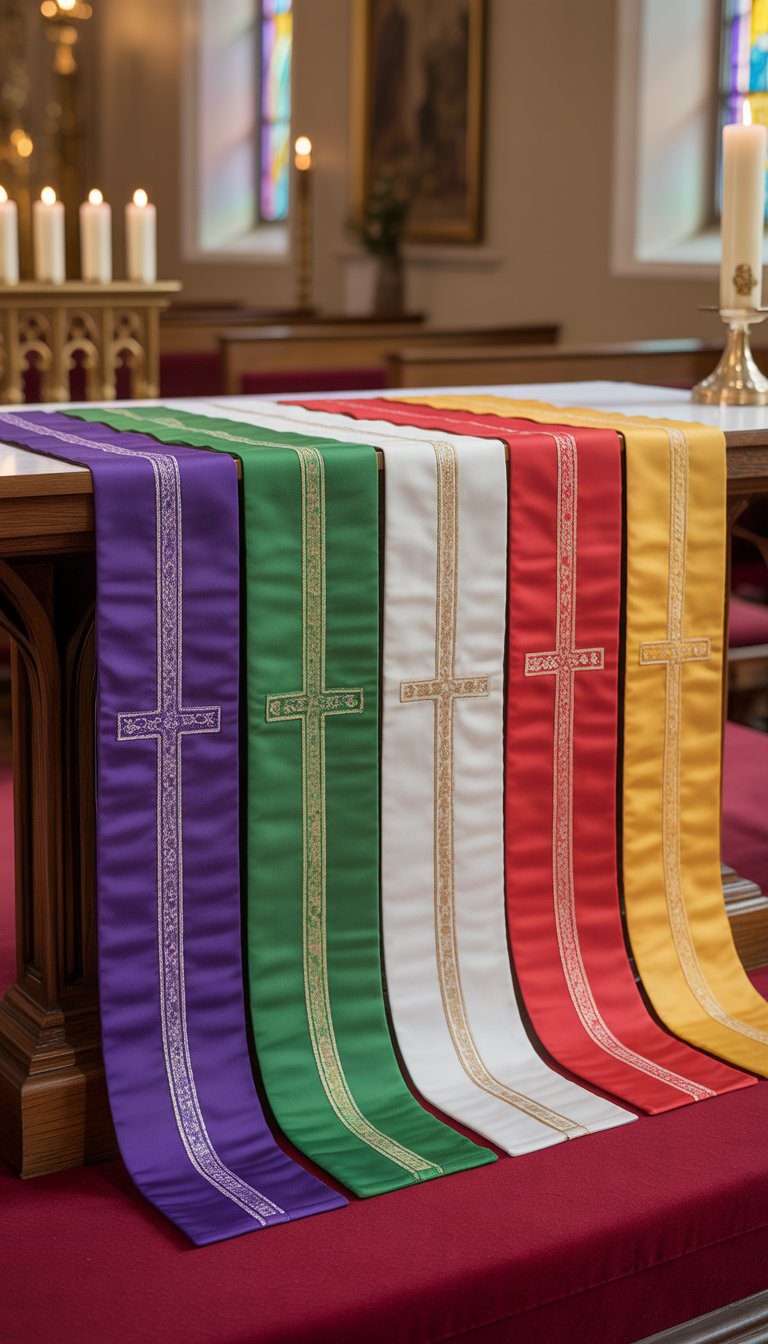 A church altar with colorful fabric runners in purple, green, white, red, and gold displayed neatly, surrounded by candles and church interior elements.