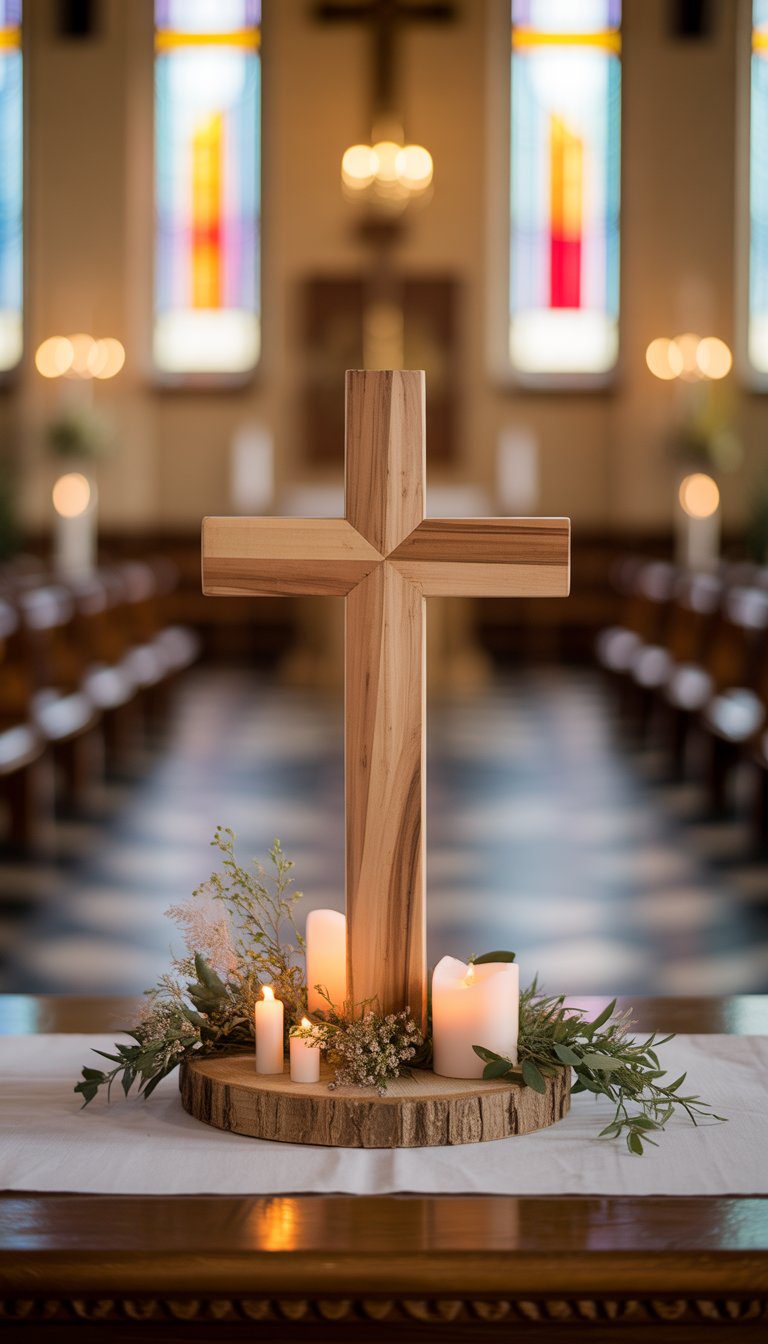 A handmade wooden cross centerpiece on a table in a church foyer with candles and greenery around it.