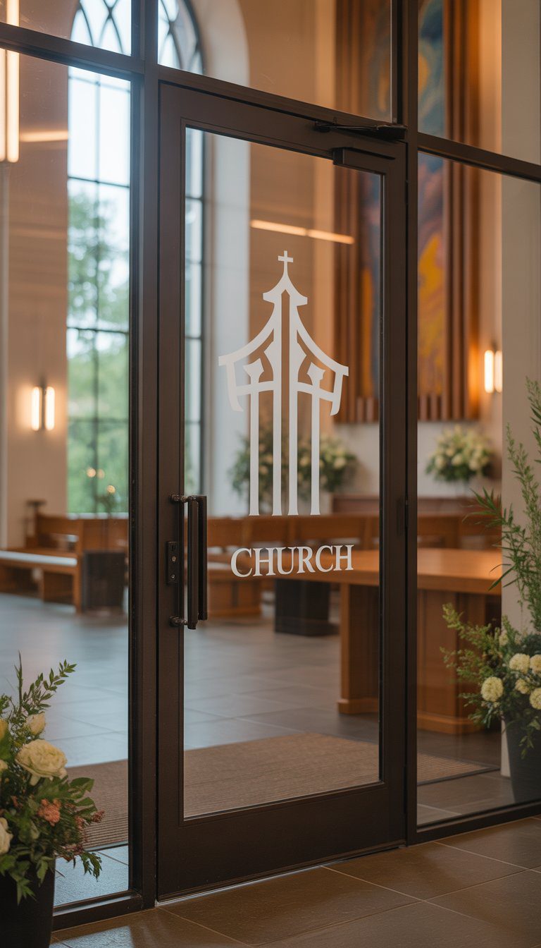 Church entrance with glass doors featuring a custom logo decal and tasteful foyer decorations including flowers and warm lighting.
