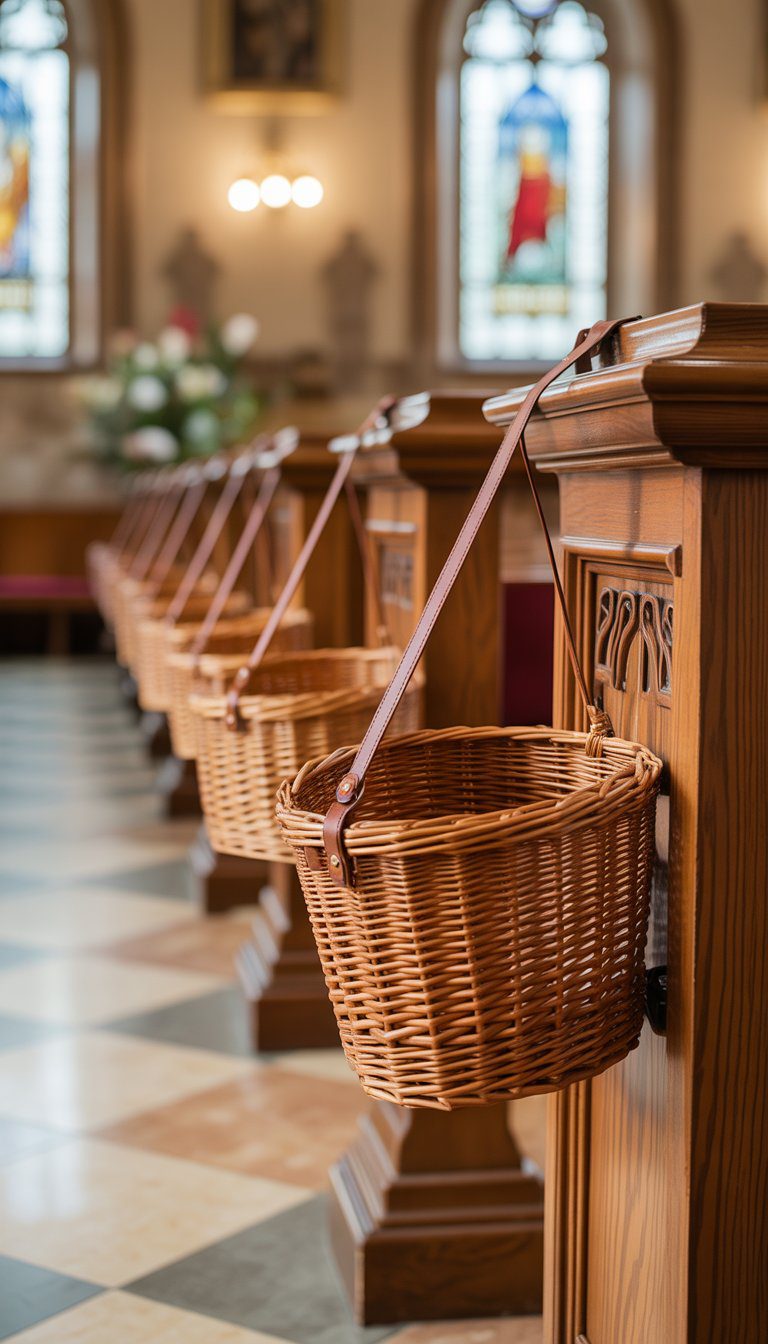Woven baskets hanging on the backs of wooden church pews inside a warmly lit church interior.