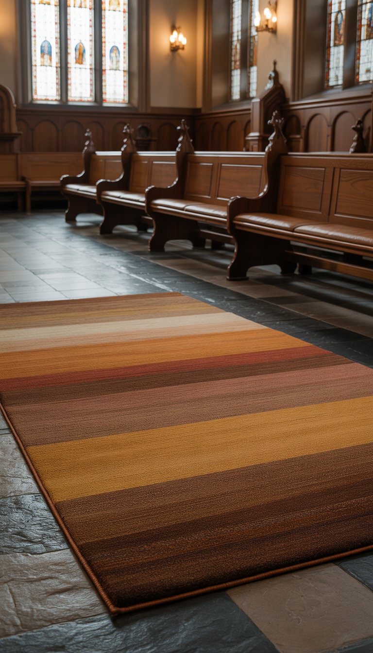 A soft area rug with warm earth tones placed in a church foyer with wooden pews and stained glass windows.