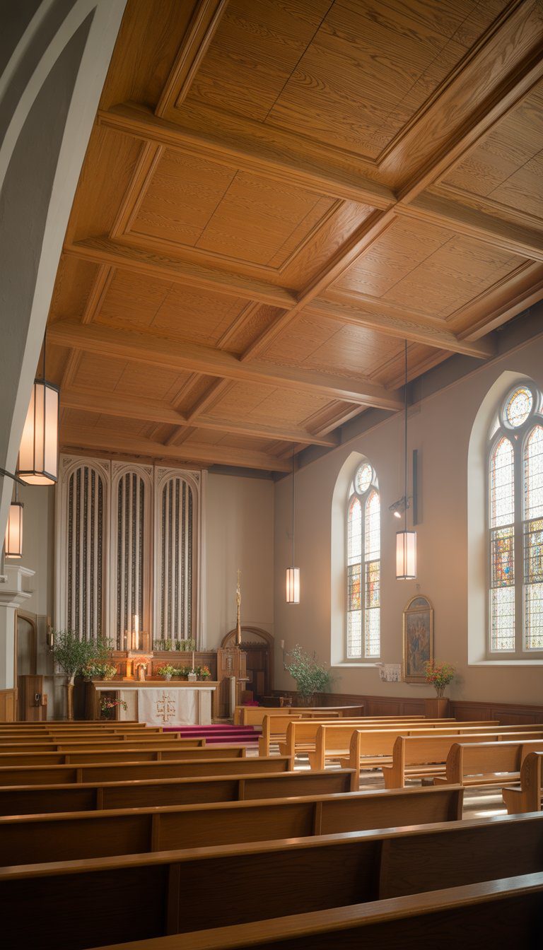 Interior of a church with oak wood acoustic ceiling panels, wooden pews, stained glass windows, and soft natural lighting.