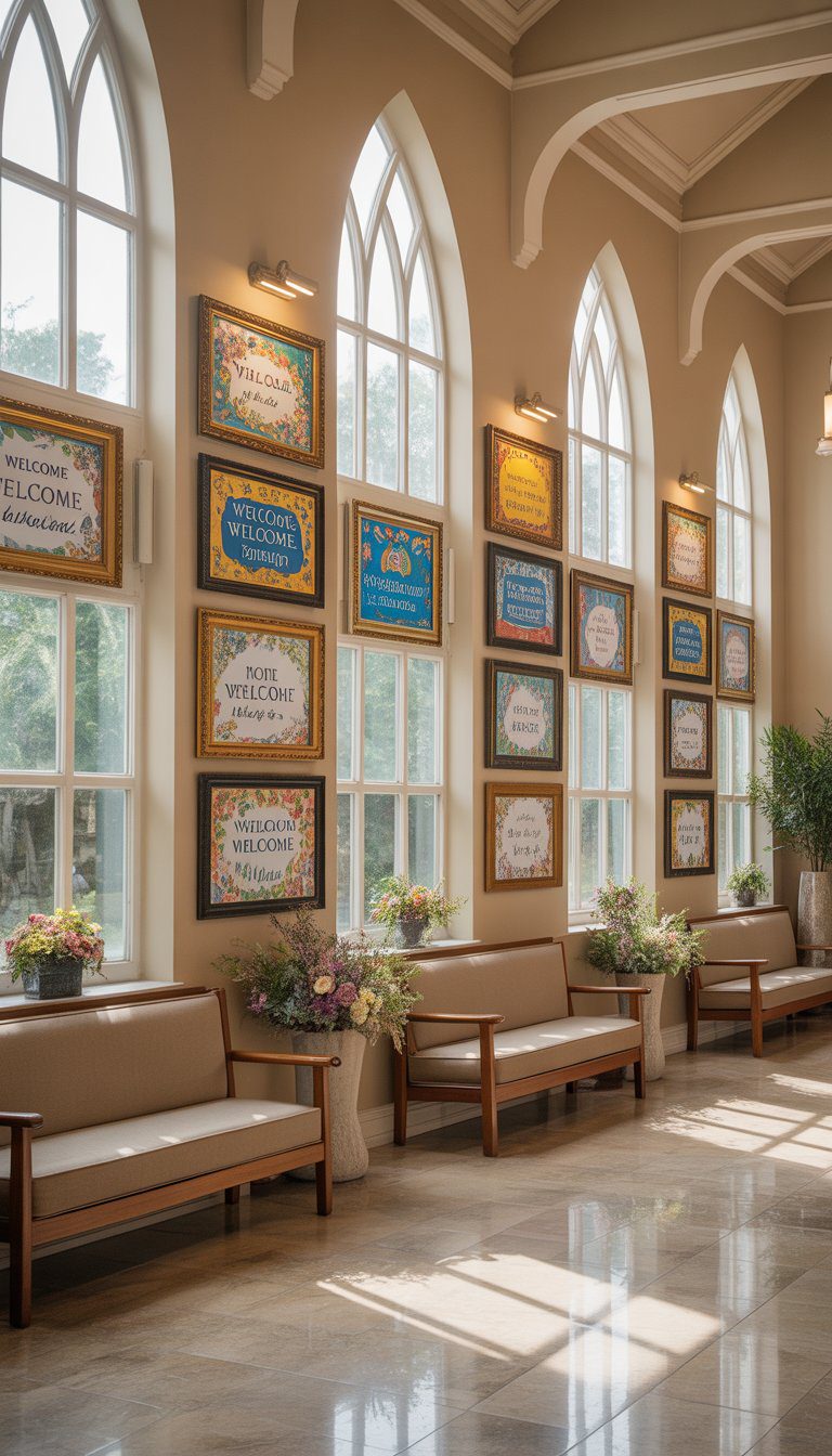 A church foyer with framed artwork on the walls, natural light, wooden floors, floral arrangements, and seating areas.