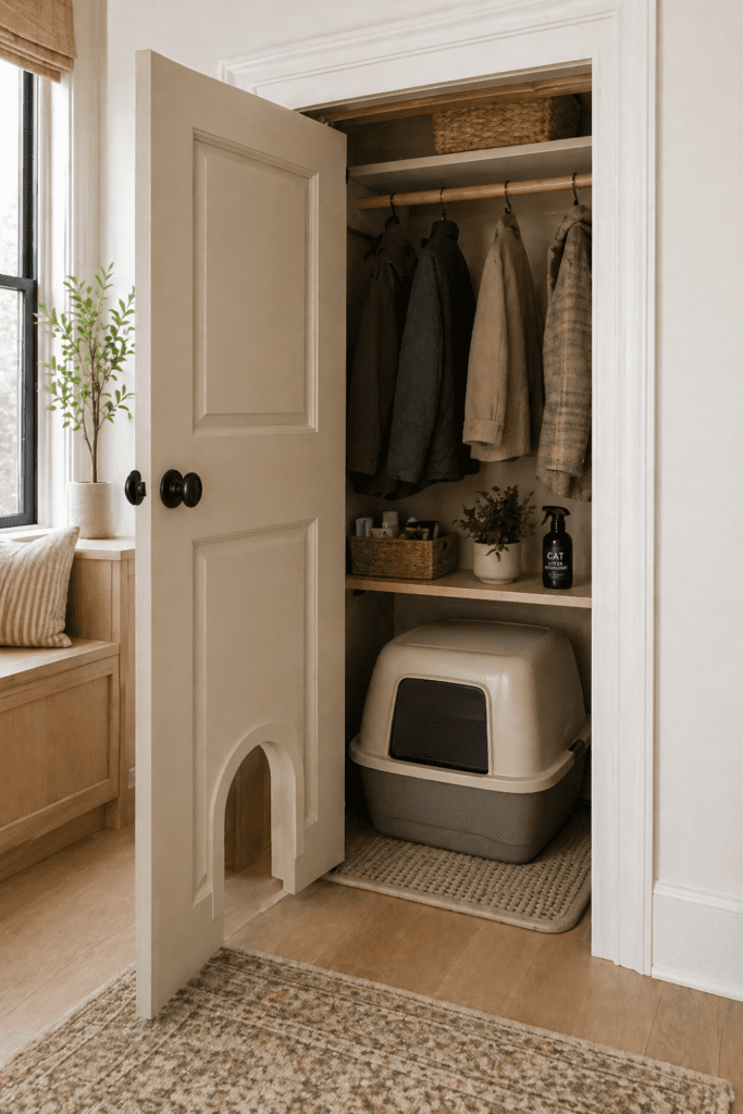 A coat closet with a DIY cat door at the bottom and a large covered cat litter pan placed inside.