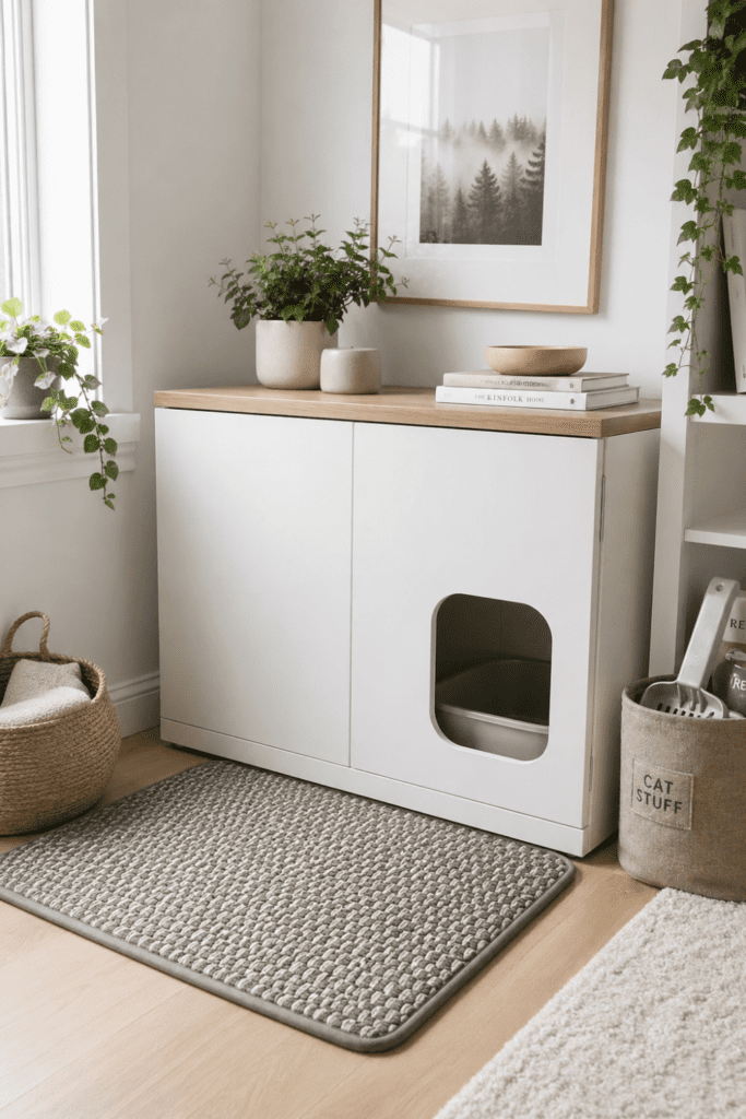 A small IKEA Besta unit with a cutout entry used as a hidden litter box inside a modern closet with organized shelves and wooden flooring.