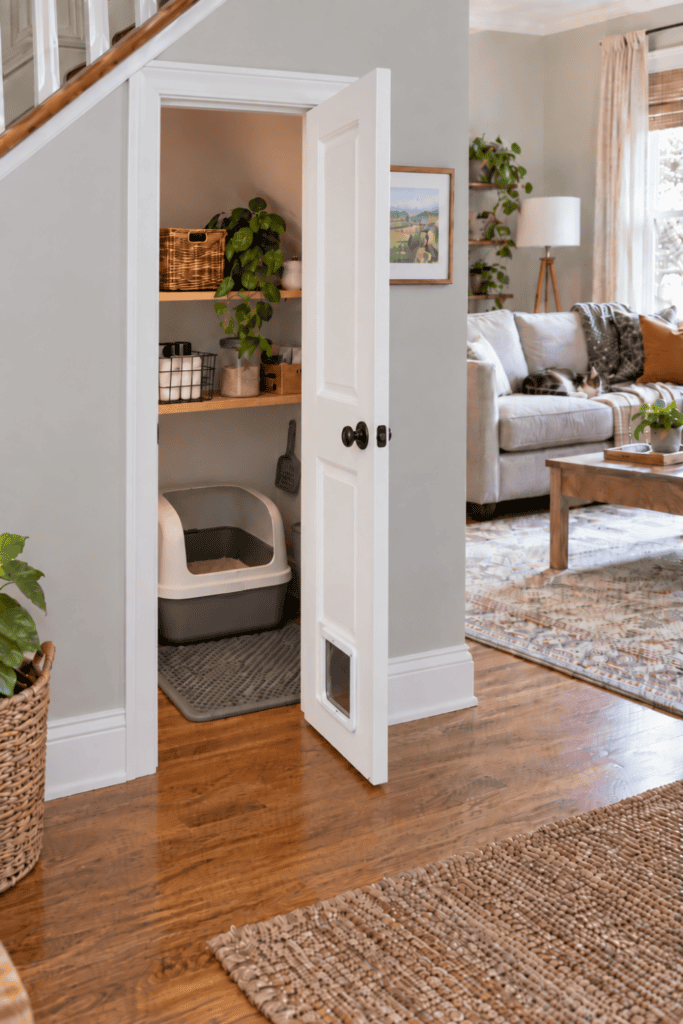 Under-stair closet with a cat flap in the door, showing a tidy litter box nook inside a bright living room.