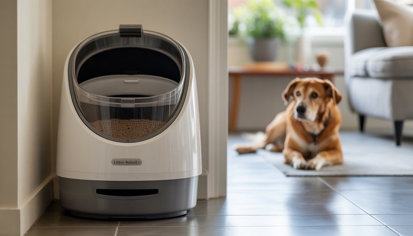 A modern top-entry self-cleaning litter box with a dog sitting nearby, in a clean home setting.