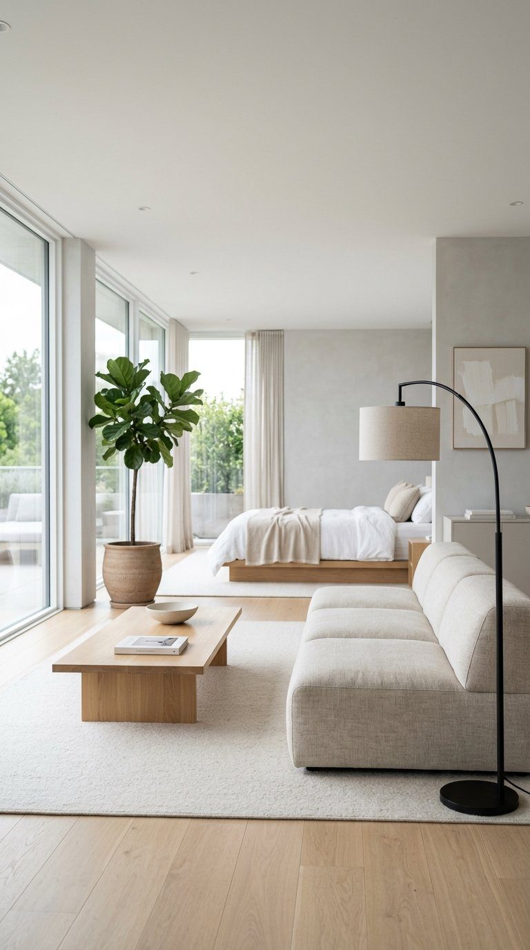 A bright living room with low furniture including a sofa, coffee table, and a bed, with large windows letting in natural light.