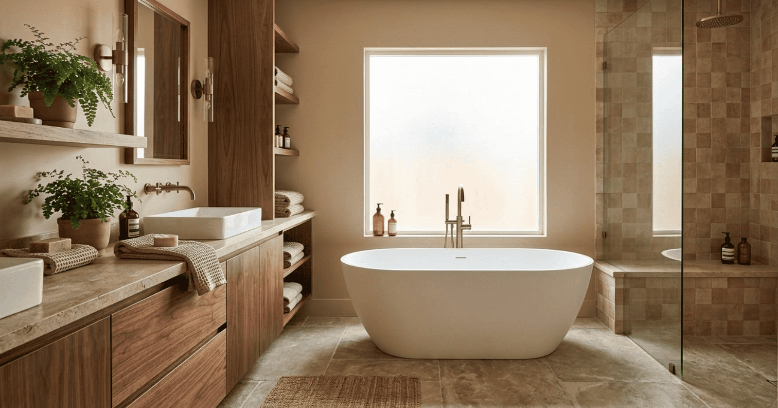 A bathroom with a freestanding bathtub, wooden cabinets, stone countertops, plants, and natural light coming through a frosted window.