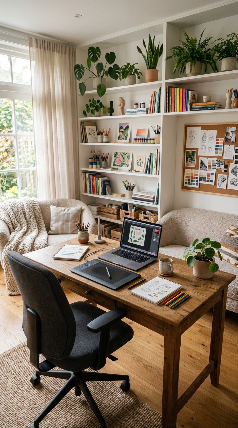 A cozy work office with a wooden desk, laptop, drawing tablet, art supplies, plants, and a comfortable chair near large windows.