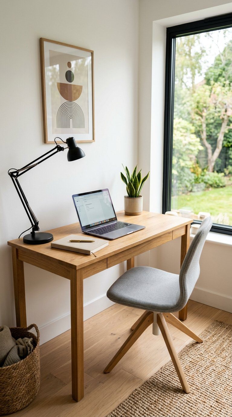 A small, bright work office with a wooden desk, laptop, chair, and a potted plant by a window.