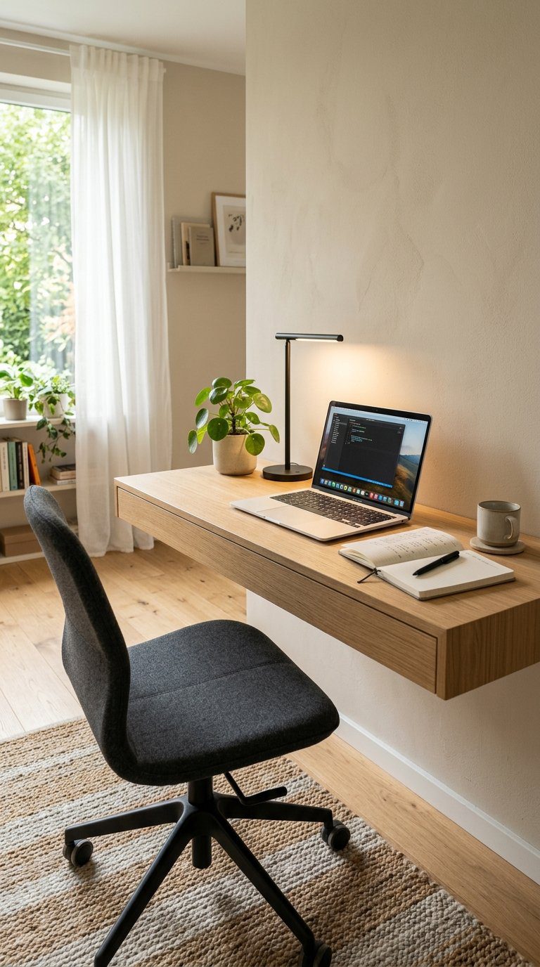 A cozy work office with a floating desk holding a laptop, plant, lamp, and notebook, next to a comfortable chair and a window letting in natural light.